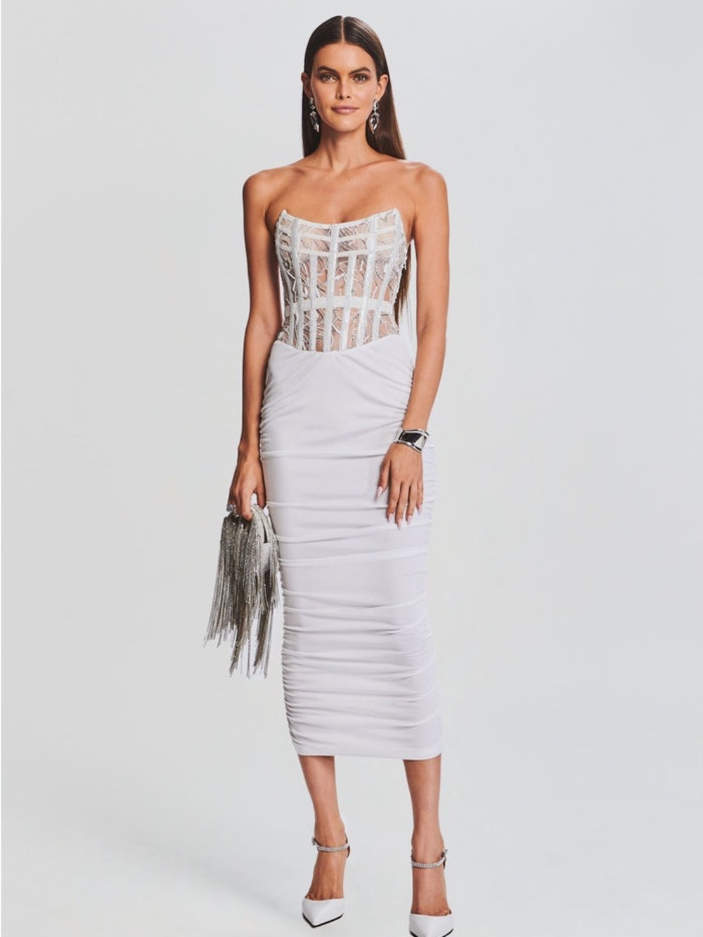 White Embellished Corset Lace-Panel Midi Dress